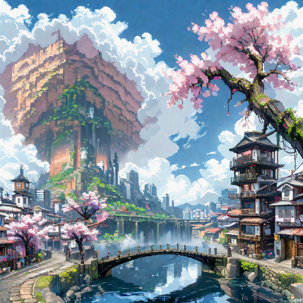 00122-831958757-ARSMJSTYLEPONY, FewP, pixel art, scenery, cloud, sky, outdoors, no humans, cherry blossoms, building, tree, water, bridge  _lora.png